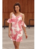 Cream dress with straps and sleeves in pink leaves PR3215 - Online store - Boutique